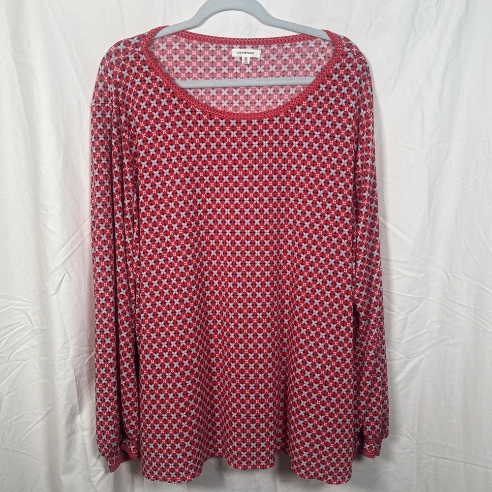 Max Studio Plus Size 3X Red Blue Geometric Design Blouse USA